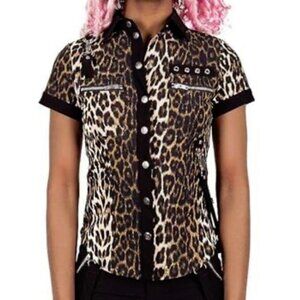 Killstar Cat Meow Leopard Print Punk Gothic Button Up Shirt XS - NEW